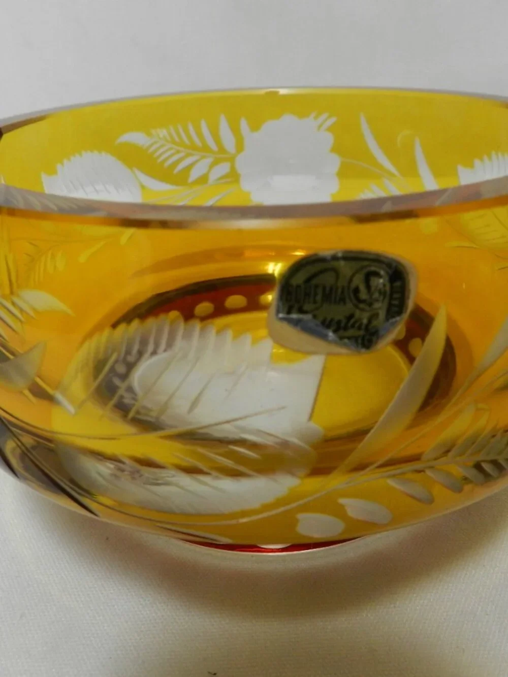 Bohemia Vintage Crystal w/Sticker Amber & Ruby glass small Ashtray Pedestal Bowl